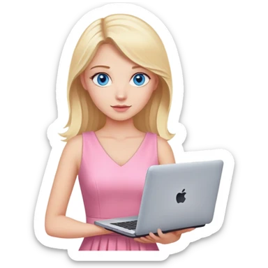 Blonde pinup woman with blue eyes, with a pink dress, holding a laptop in her hands sticker