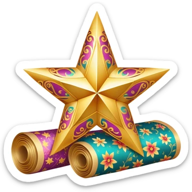 simple composition of a glowing sparkle or star shape in foreground with only a roll of patterned fabric behind it, no faces sticker
