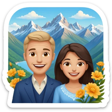 Couple  laughing traveling russian man and elegant  Latina girl delicate flowers and mountains in the background  sticker