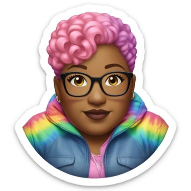 Plus size black woman with pink curly pixie cut hair and a rainbow tie dye bubble jacket  sticker