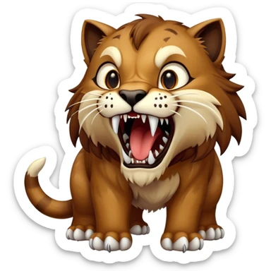saber-toothed cat with a tiny body and gigantic canine teeth that are ten times larger than its minuscule body, extreme contrast between small body and huge fangs sticker