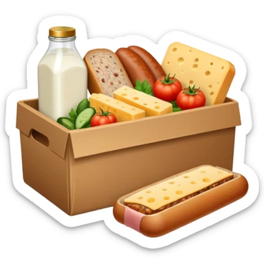 a box of groceries, sausage, cheese, canned meat, herbs, milk, tomatoes, cucumbers, and a loaf of bread sticker