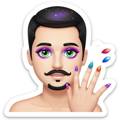White man with black short hair and black goatee, very gay very glitter very rainbow add nail polish and makeup and lashes sticker