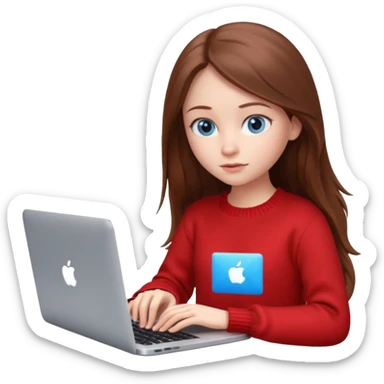 Emoji of a cute 3D girl with long brown hair and blue eyes, wearing a red sweater, focused working on a MacBook laptop, white background sticker