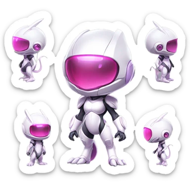 White, Chibi, White body, Anthro-Sona-Lizard-Alien-Salazzle-Mew-Mewtwo-Fakémon, with pink eyes, with a futuristic visor-helmet, wearing a techwear-suit, Full Body sticker