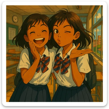 Add a cheerful friend next to the Japanese brown-skinned high school girl, both in Tokyo school uniforms, sharing a mischievous moment together, vibrant and playful atmosphere, detailed background in Ghibli anime style. sticker