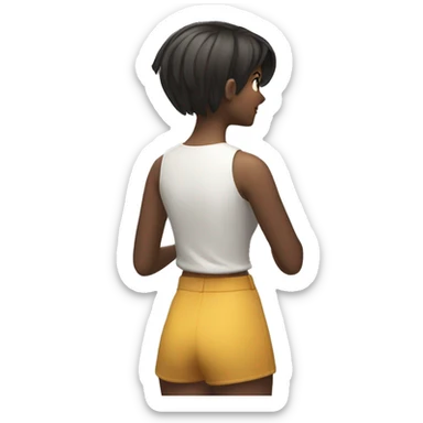 a girl with short hair winning a VR game facing the wall and showing her back sticker