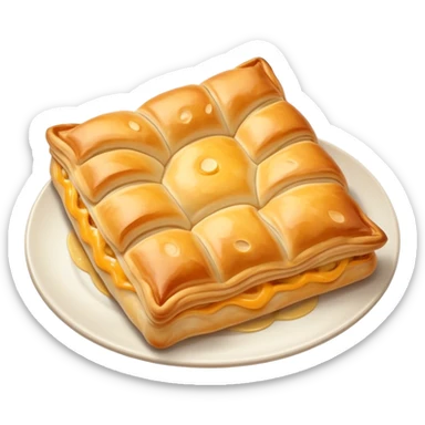 cinematic-realistic-flat burek-sa-sirom-dish-emoji,-showcasing-a-flaky-pastry-filled-with-cheese-rendered-with-crisp-textures-and-appetizing,-warm-lighting.  sticker