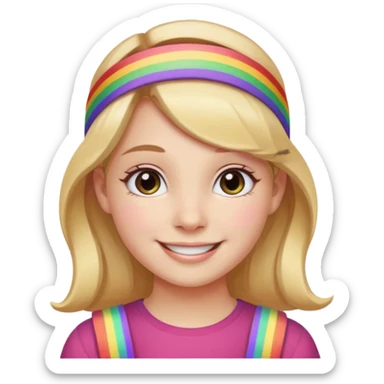 Girl wearing cloth rainbow headband and smile sticker