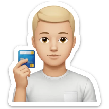 a 25 year old man thinking whit his hand forming an l shape on his chin whit short buzz cut hair whit a white t shirt and holding a credit card in his left hand make shure the card is medium sized so you can see it from a far make shure the caracther is big and a yellow background sticker