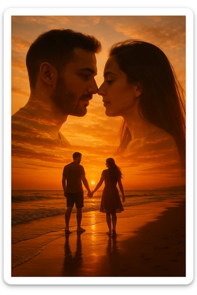 Una doppia esposizione cinematografica di noi di profilo, con un paesaggio di spiaggia al tramonto integrato nella silhouette.
La scena interna ci mostra entrambi camminare sulla sabbia bagnata, tenendoci per mano, con le onde del mare che si infrangono è facile e un cielo colorato dagli ultimi raggi di sole. Atmosfera calda e intima, toni dorati arancioni, dettagli fini ed espressivi, risoluzione 8K. sticker