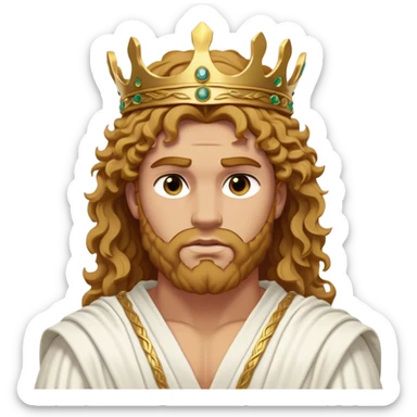 Cinematic Realistic Hercules Portrait, depicted as a classical Greek hero merging the fierce masculinity of the lion-wrestling Hercules with the refined face of Michelangelo's David. His light tan, chiseled skin glows with timeless strength, and his thick, curly, golden brown hair cascades in natural, sculpted curls reminiscent of a warrior’s mane. Draped in a flowing white robe with delicate golden accents and crowned with a traditional Greek laurel wreath, his intense, determined eyes exude noble might, all rendered under dynamic natural lighting with a mythic, radiant glow. sticker