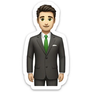 man with the following characteristics: Short, dark brown hair with a minimal quiff, green eyes, Friendly and approachable expression. He dress a suit sticker