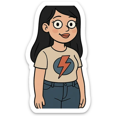 light skinned girl with round, slightly upturned brown eyes with long lashes, medium sized full blush colored lips, slightly chubby cheeks, long straight black hair, wearing a graphic tee and jeans sticker