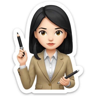 a girl with long black hair, neutral expression, business style clothes (shirt, jacket), with a pen as an accessory, Apple Memoji emoji style sticker