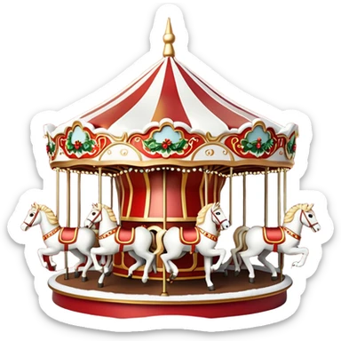 Apple iOS style 3D emoji icon of a vintage Moscow Christmas carousel.
Round ornate roof with red and gold patterns, miniature horses, decorated with glowing warm light garlands and light dusting of snow. Smooth glossy plastic texture, high-end 3D render, vibrant festive colors, resolution. sticker