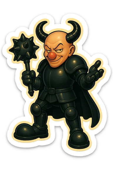 A relaxed but evil armored clown with no hair, ram horns pointing up, masculine and powerful build, glossy black on matte black armor, short cape, large black clown shoes, leaning on his oversized spiked mace with one hand, the other hand gesturing as if taunting, eyes barely open, sinister expression, vibrant retro stickers style, no yellow aged tint, full body, transparent background. sticker