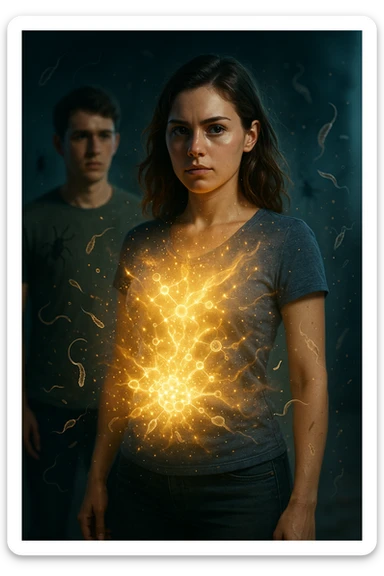 A hyper-realistic, cinematic image showing a young woman with a glowing, radiant aura symbolizing a very strong immune system. She stands confidently, surrounded by a dynamic shield of light particles and molecular energy swirling around her body, especially focused around her abdomen and chest. Against this luminous barrier, faint translucent representations of parasites—small worm-like and protozoan shapes—attempt to approach her but are visibly repelled or disintegrating upon contact with the shield. Nearby, a young man representing her boyfriend is shown with subtle, shadowy parasite silhouettes near him, some reaching toward her but unable to penetrate her immune defenses. The background is softly blurred to keep the focus on the energetic battle at the forefront, with cool blues and warm golds contrasting to symbolize health, vitality, and defense. The lighting is dramatic yet hopeful, with a cinematic 35mm film style emphasizing sharp detail on her determined face and the swirling protective energy. The overall tone conveys resilience, protection, and the unseen battle inside the body. sticker