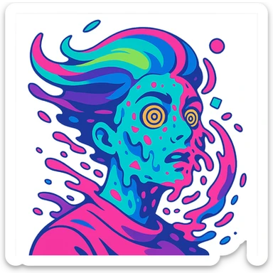 surreal portrait, neon turquoise and electric pink skin, face melting into swirling paint particles, hair as liquid aurora, spiral eyes, geometric shapes on face, dynamic movement sticker