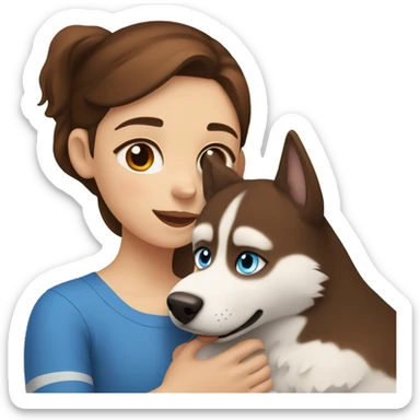 a girl with blue eyes and brown hair hugs a husky dog ​​with brown eyes sticker