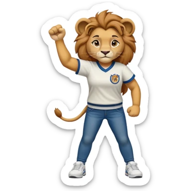 confident anthropomorphised female lion wearing a baseball shirt, jeans, trainers, raising a fist in the air, strong and determined expression sticker
