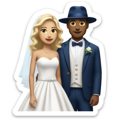 Puerto rican beard short hair with blue hat and navy blue suit getting Married with blond long hair girl with white  wedding dress  sticker
