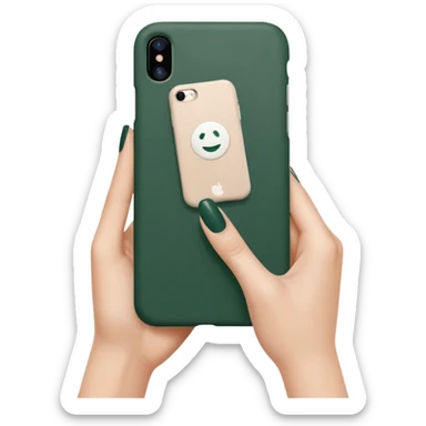 clean white iPhone with dark green case, female hand with nude manicure holding the phone, minimalist design, emoji style sticker