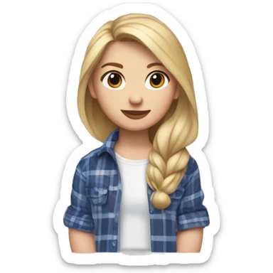Fair skinned girl with blonde and hair hazel eyes wearing a blue pheasant earring and white shirt and red plaid flannel sticker