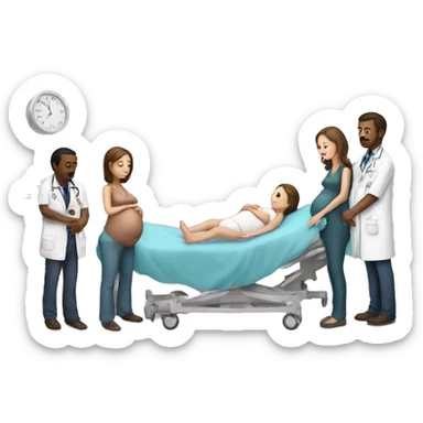 a pregnant woman gives birth and doctors stand nearby sticker