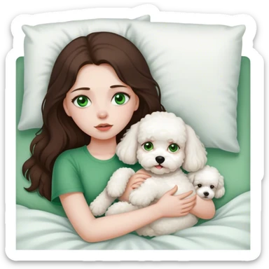 Brunette Long hair girl with green eyes sick in bed by herslef with bichon frise dog sticker