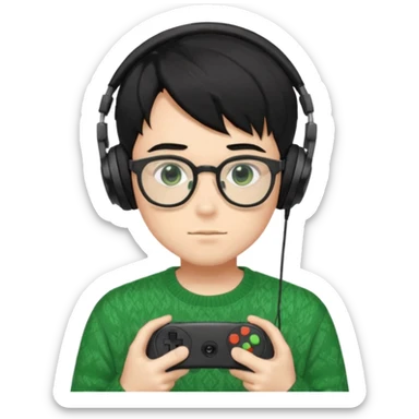 
gamer, Gorgeous green sweater black hair anime style shojo guy glasses, headphone, gamepad sticker