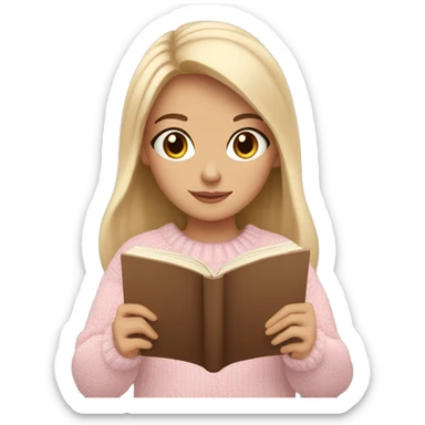 Pretty brown eyed white girl with light pink sweater reading cozy sticker