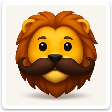 Make a lion emoji exactly like the reference image, in iOS emoji style. Same face, mane, and mustache, smooth and shiny. Add a soft shadow. sticker