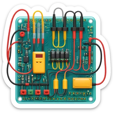 An icon featuring circuit boards, glowing wires, and a multimeter, symbolizing electrical engineering. The design includes voltage symbols and electric currents flowing through components, representing the study and application of electricity. Transparent background sticker