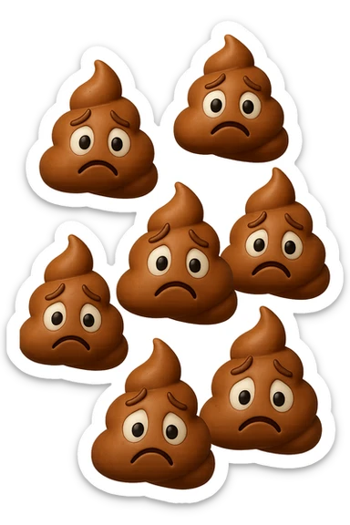 EMOJI STILE IPHONE 3D DI palline di cacca tristi che cadono dall'alto verticalmente, iperrealistico 4k sticker