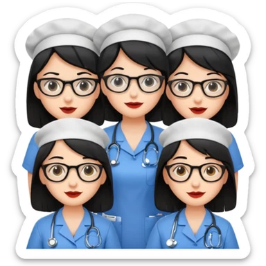 Genera un emogis con cuatro enfermeras pelinegra juntas, entre ellas una con lentes y otra con lunar encima del labio sticker