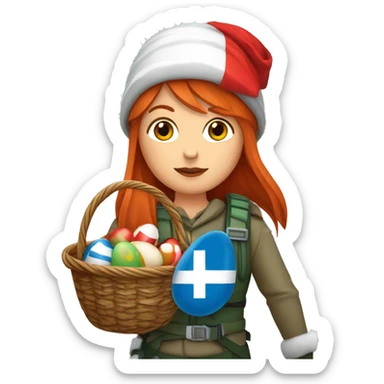 red hair female winter mountaineer with red Easter egg basket and Greek flag sticker