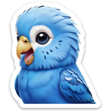 Cinematic Comical Blue Budgie Portrait Emoji, Head tilted dramatically with an exaggeratedly amused expression, featuring a striking blue feathered fur with a glossy finish, wide, expressive dark eyes filled with playful disbelief, Simplified yet hilariously expressive features, highly detailed, glowing with a slightly sassy glow, high shine, dramatic yet playful, stylized with an air of cheeky mischief, bright and endearing, soft glowing outline, capturing the essence of a spirited and over-the-top budgie, so meme-worthy it feels like it could side-eye its way into internet fame instantly! sticker