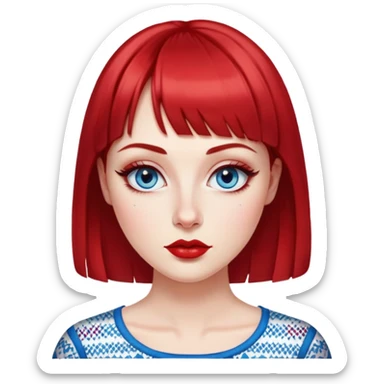 Creative woman with fair skin, oval face, striking blue eyes with eyeliner, thin eyebrows, small nose, medium lips with bright lipstick, dark red hair with straight bangs, wearing a red and white printed top, artistic expression sticker