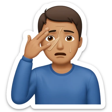 Generate me a dude covering his face with one hand on annoyance while he's crying sticker