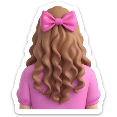 3D iOS emoji style of a girl with long wavy hair and a large pink bow, wearing a pink shirt, seen from the back, shiny and glossy, on a white background. sticker