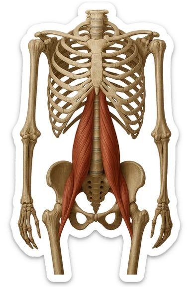 fai un immagine identica che riguarda IL MUSCOLO PSOAS i in evidenza (anatomicO) con colori naturali di un corpo umano. falla iperrealistica anatomica in 4k sticker