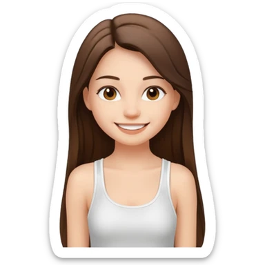 a pretty bratz fair girl with straight brunette long hair, wearing a white thin strap trap tank top, smiling sticker