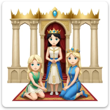 King, standing, black Hair, blue eyes, female servant, blonde, green eyes, shott white sleveless dress, kneeling, background palace sticker