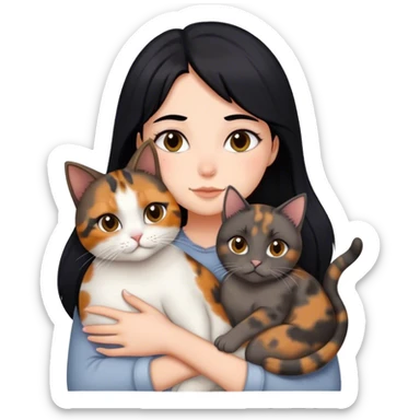 girl with black hair hugging three cats  (tortie cat, full gray cat, brown calico cat) sticker