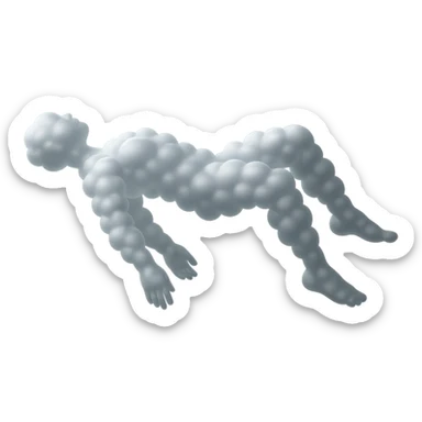 side view of unconscious person flying torso up, legs and arms down, made of small very bright white fluffy convex clouds with silvery tint, matte glass style sticker