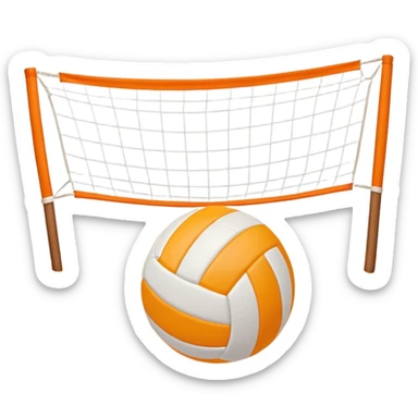 The scene captures an orange sand, sunny sea beach with clear blue sea and sky, palm trees swaying. A volleyball resting on the orange sand ground of a beach, with a volleyball net in the background.  sticker