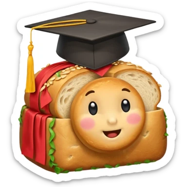 a loaf of bread wearing a graduation cap sticker
