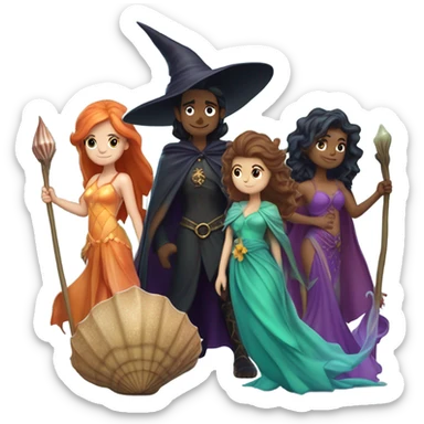 A group of 5 friends, consisting of a female witch, a female wizard, a male merman, a female fairy, and a female siren sticker