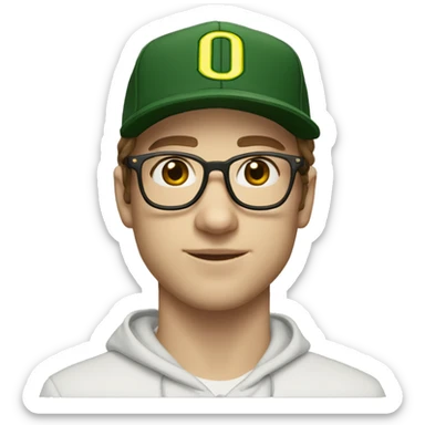 jeremy allen white with brown hair, glasses, and a university of Oregon baseball hat, and a hoodie, and light complexion  sticker